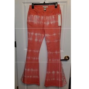 Coral & White Tie Die Lace Embellished Flare Leg Jeans